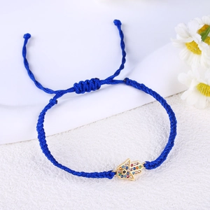 Braided blue Evil Eye Hamsa Hand bracelet with colorful crystals in gold plating