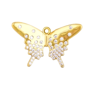 Detail of a gold butterfly pendant with micro-pave white zircon stones and hanging loop