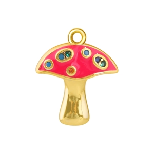 Détail d'un pendentif champignon en émail rose avec gemmes colorées et finition dorée