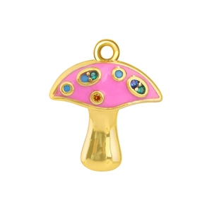 Gros plan du pendentif champignon en émail rose avec gemmes colorées et doré