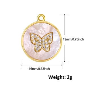 Detail of butterfly charm in gold-plated brass with size specs 19mm x 16mm
