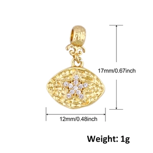 Detailed size view of a 17mm gold star oval pendant with textured finish and gems
