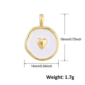 Detail showing dimensions of a gold-plated heart charm with white enamel for DIY jewelry