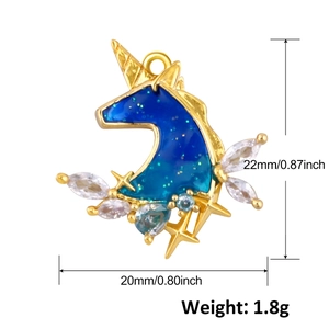 Unicorn pendant detail with gold finish, teal enamel, and white marquise zircons