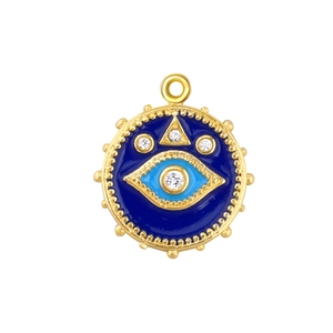 Detailed close-up of a blue enamel Evil Eye pendant with gold plating and zircons