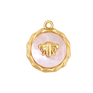 Detailed view of a gold-plated round bee pendant featuring a pink mother-of-pearl inlay