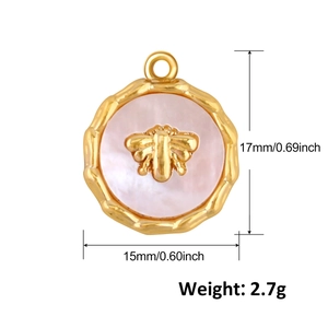 Detailed view of round gold bee pendant with pink shell inlay and dimensions 17x15mm