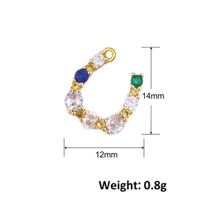 Macro view of horseshoe pendant with multi-color zircon stones and dimensions