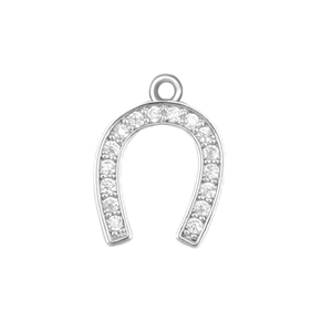 Close-up of horseshoe pendant with micro-set zircon stones and silver polished finish