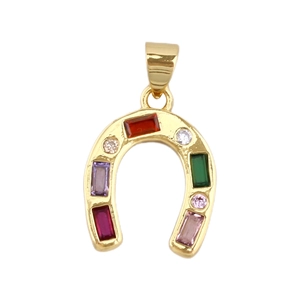 Detailed view of horseshoe pendant featuring multi-colored step-cut zirconia stones