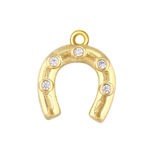 Macro shot of horseshoe pendant in gold finish with five sparkling white zircon stones