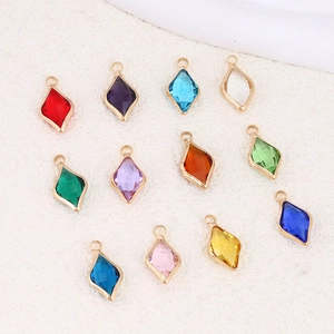 Rhombus Birthstone Charm Crystal Glass Pendant With Gold Plated Copper Edge For DIY Earring Necklace Jewelry Making Accessory