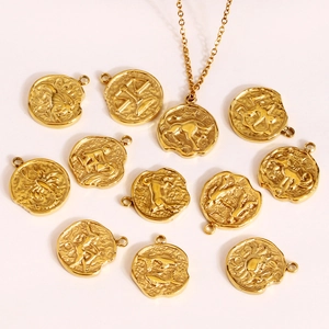 Vintage 18k gold plated stainless steel zodiac pendant necklaces with embossed textures