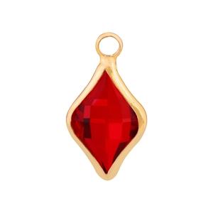 Detailed view of a faceted red rhombus crystal pendant with a gold-plated metal frame