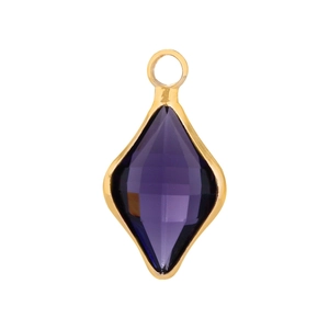 Detailed view of rhombic purple glass pendant with gold plated copper frame edging