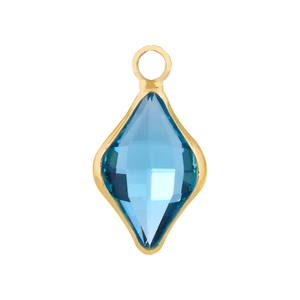Detailed view of kite-shaped blue crystal pendant in gold-plated bezel setting