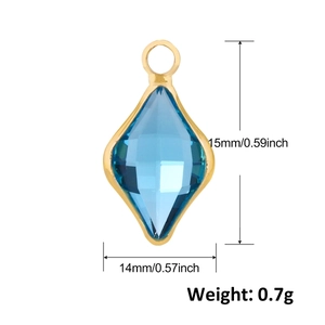 Detailed view of blue marquise glass pendant with gold-plated edge and dimensions