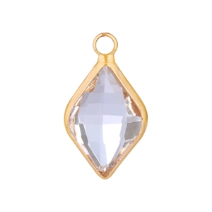 Macro view of a faceted marquise-shaped glass pendant with a gold-plated copper frame