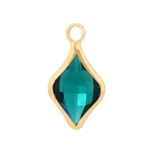 Detail of rhombic emerald green glass pendant with gold-plated copper rim and loop