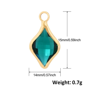 Green crystal rhombus pendant with gold frame and dimensions 15mm by 14mm shown on white