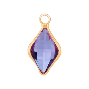 Macro view of purple diamond-shaped crystal pendant with gold metal frame