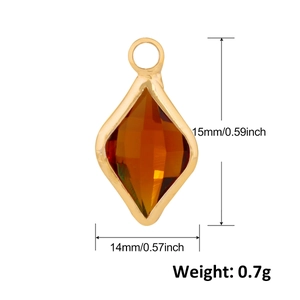 Rhombic gold plated copper pendant with amber glass gemstone and 15mm size dimensions