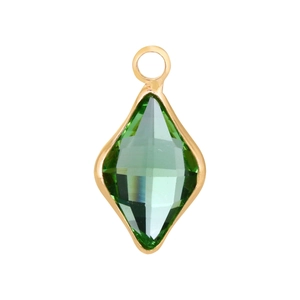 Macro detail of diamond-shaped green glass pendant with gold-plated copper frame