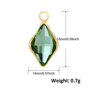 Green crystal rhombus pendant with gold frame, 15x14mm size guide on white background