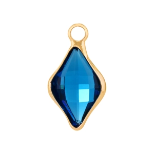 Detail of blue faceted crystal rhombus pendant with gold metal frame for jewelry making