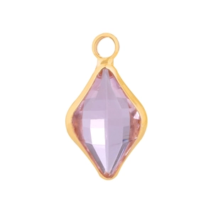 Detail of rhombic lilac crystal pendant with 18K gold plated frame and bail
