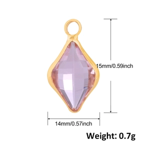 Macro view of 14mm lavender faceted glass charm with gold plated rim and dimensions