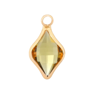 Detail of yellow faceted glass rhombic pendant with gold plated copper frame