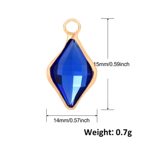 Blue rhombus glass pendant with gold plated copper edging, size 15x14mm for DIY jewelry