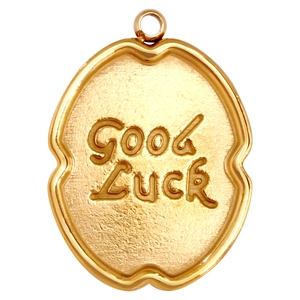 Gros plan détaillé du pendentif ovale doré avec gravure GOOD LUCK et fini brossé