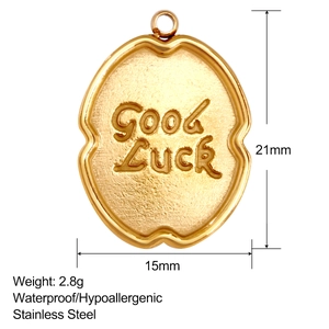 Détail du pendentif ovale en acier doré avec gravure Good Luck et texture brossée