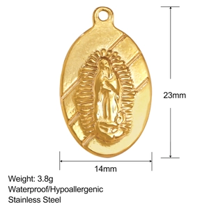 Détail du pendentif religieux Notre-Dame de Guadalupe en acier inoxydable doré avec dimensions