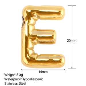 Polished gold letter E bubble pendant with 20mm height and 14mm width dimensions