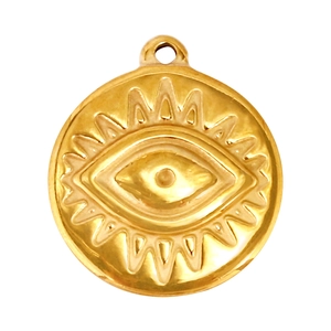 Détail du pendentif œil maléfique en acier inoxydable doré avec relief soleil