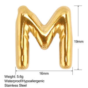 Polished gold 304 stainless steel bubble letter M pendant with 19mm height and 16mm width