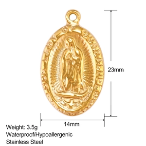 Detailed dimensions of gold Guadalupe medal in waterproof stainless steel with relief