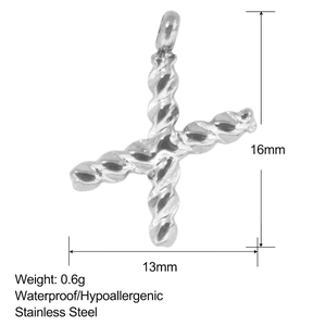 Wasserdichter Anhänger aus Edelstahl in X-Form mit gedrehter Optik und Größenangaben