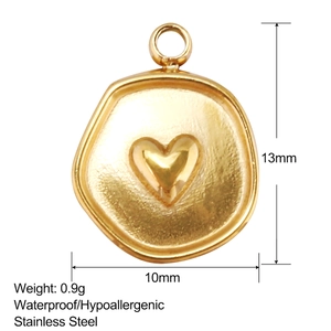 Waterproof gold stainless steel heart pendant with hollow design, size 13mm by 10mm