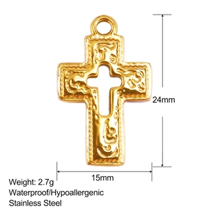 Gold plated stainless steel hollow cross heart pendant with textured finish 24mm size