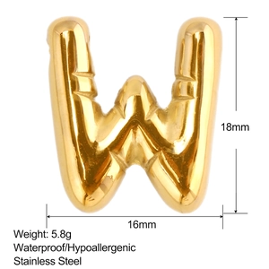 Detail of 3D bubble letter W pendant in gold stainless steel with size and weight specs