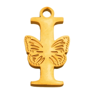 Detalle del colgante letra I de acero inoxidable chapado en oro 18K con mariposa