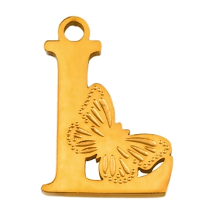 Colgante letra L de acero inoxidable chapado en oro de 18K con detalle de mariposa