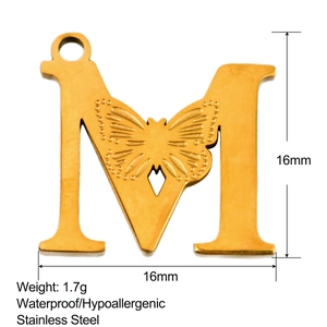Colgante letra M de acero inoxidable chapado en oro 18K con mariposa, 16mm tamaño