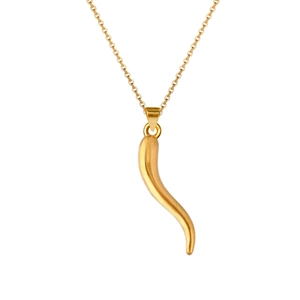 Detail of a polished gold-plated cornicello pendant with a fine cable chain necklace