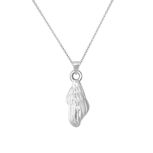 Detailed close-up of a silver sea shell pendant necklace with a fine chain and metallic finish
