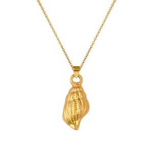 Detailed close-up of golden conch shell pendant on a stainless steel link chain necklace